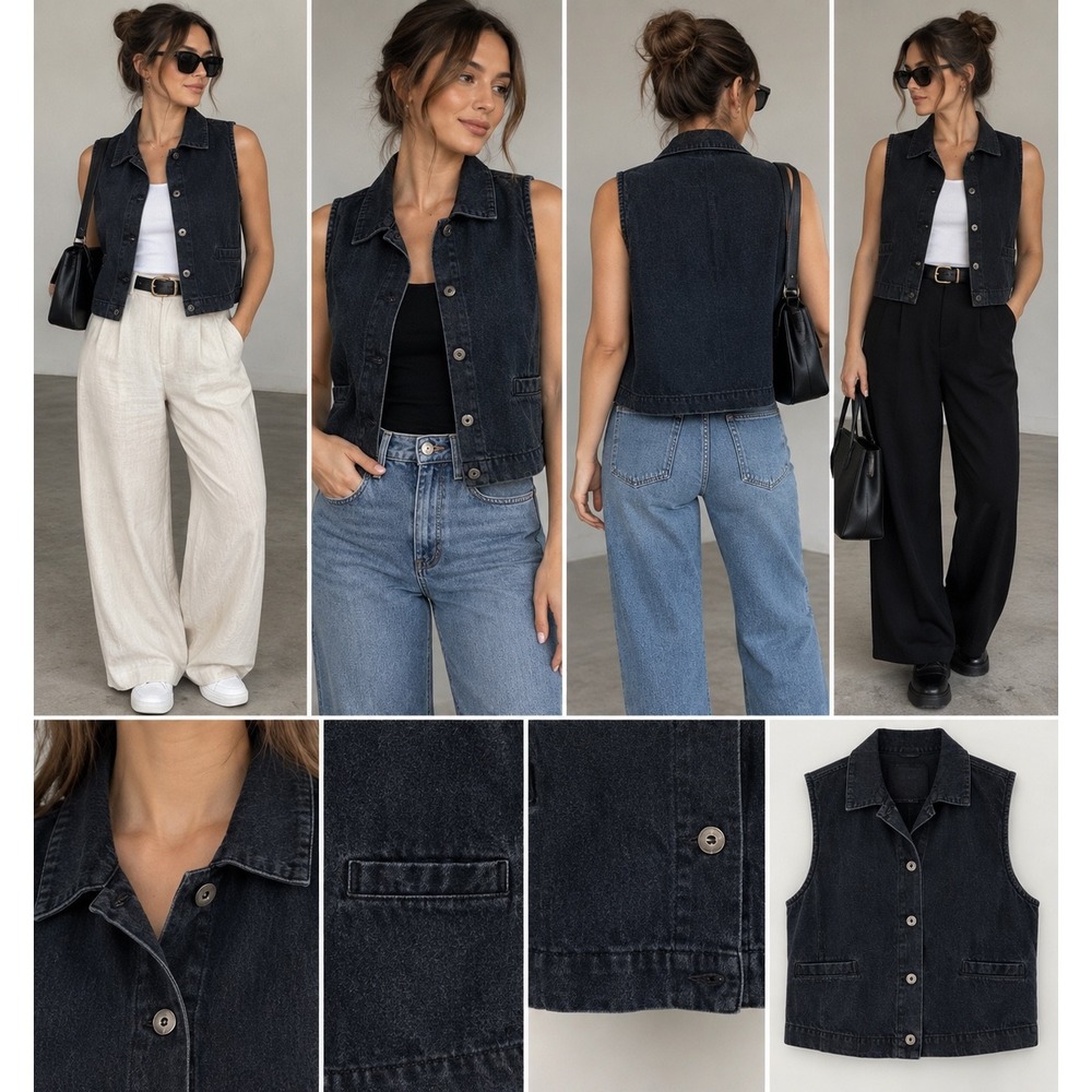 Eileen Fisher Black Denim Button Front Vest Sleeveless Jacket Size M